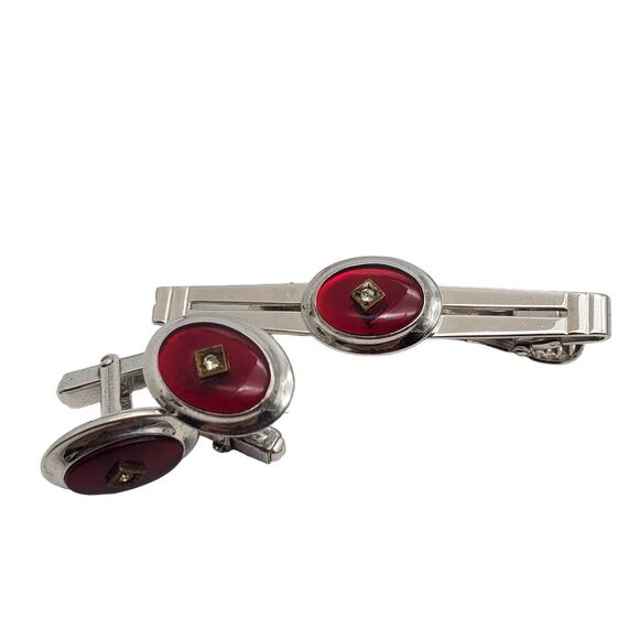 Anson Silver Tone Cufflinks & Tie Bar Red Clasp Clip MCM Oval CZ Rhinestone - Picture 10 of 11